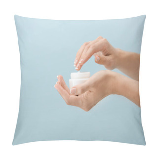 Personality  Female Hands With Natural Cream On Grey Background Pillow Covers