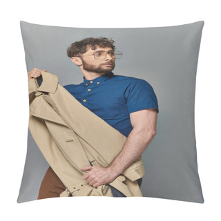 Personality  Man In Glasses Holding Trench Coat, Grey Backdrop, Stylish Male Model Looking Away, Smart Casual Pillow Covers