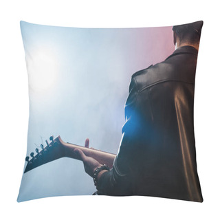 Personality  Rear View Of Male Rock Star In Leather Jacket Performing On Electric Guitar On Stage With Smoke And Dramatic Lighting  Pillow Covers
