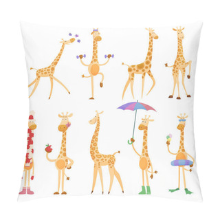 Personality  Funny Giraffes. Giraffes In A Cartoon Style, Is Isolated On White Background.Trendy Design Little Kids Giraffes. Collection In Different Poses Pillow Covers