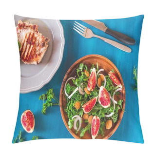 Personality  Autumn Salad Of Arugula, Figs In A Brown Earthenware Plate On A Blue Background. Top View Pillow Covers