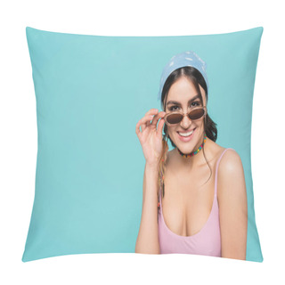 Personality  Young Woman In Sunglasses Smiling At Camera Isolated On Blue  Pillow Covers