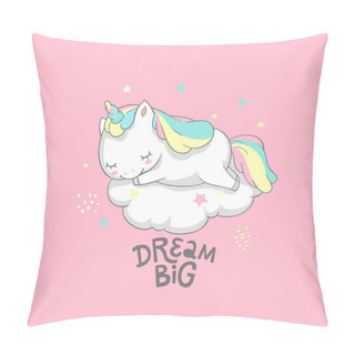 Personality  Unicorn Dream Big Fairy Poster Vector Template. Magic Inspirational Watercolor Print Template With Little Horn Pony Sleeping On Cloud. Fairy Motivation Printable Banner Flat Cartoon Design Pillow Covers