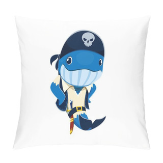 Personality  Cartoon Whale Animal Pirate Sailor Character, Corsair Seaman. Vector Underwater Blue Sperm Rover Personage Wear Bandana With Skull And Saber On Belt, Navigates The High Seas Seeking Aquatic Adventures Pillow Covers