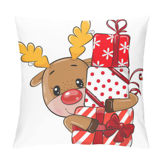 Personality  Vector Illustration Cute Cartoon Deer With Gifts Isolated On A White Background Pillow Covers