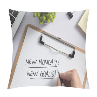 Personality  New Monday New Goals Concept On Office Desktop Top View With Office Supplies. Pillow Covers