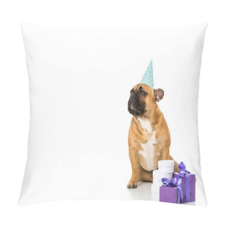 Personality  French Bulldog In Party Cone Sitting Near Wrapped Gifts Isolated On White Pillow Covers