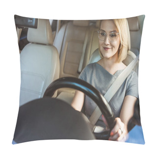 Personality  Attractive Smiling Businesswoman Driving Car Pillow Covers