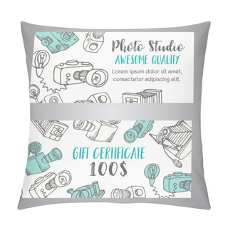 Personality  Gift Certificate For Photo Studio Or Photographer. Hand Drawn Doodle Cartoon Retro Photo Cameras, Vector Illustration Sketchy Photo Theme Pillow Covers