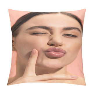 Personality  Close Up Of Young And Brunette Woman Pouting Lips Isolated On Pink  Pillow Covers