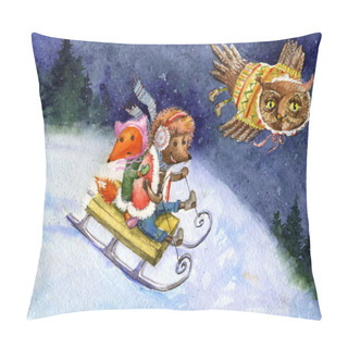 Personality  Happy Winter Sledding. Watercolor Painting Of Baby Fox, Urchin And Owl Sledding. Pillow Covers
