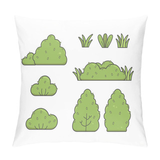 Personality  Green Bush And Grass Cartoon Illustration Simple Organic Forest Background Decoration Asset Collection Vector Set Pillow Covers