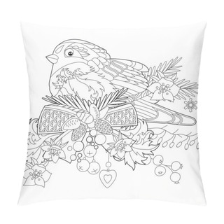 Personality  Cute Christmas Bird. Winter Holiday Decoration. Black And White Elements. Traditional Festive Decor For Season Design. Hand Drawn Illustration For Children And Adults, Coloring Books And Tattoo. Pillow Covers