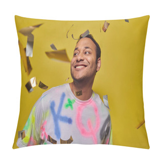 Personality  Pleased Indian Man In T-shirt Smiling Near Falling Confetti On Yellow Backdrop, Party Concept Pillow Covers
