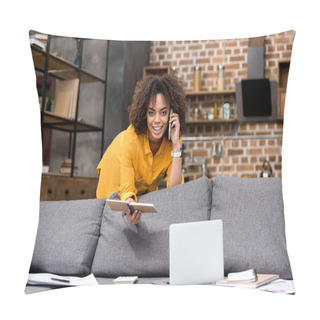 Personality  Happy Young Woman Working And Talking By Phone At Home Pillow Covers