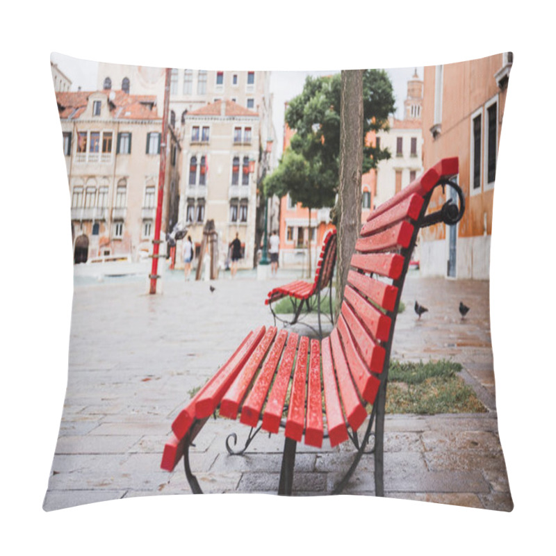 Personality  selective focus of red bench and ancient buildings on background in Venice, Italy  pillow covers