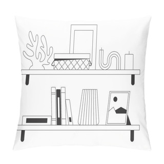 Personality  Shelves With Cute Domestic Accessories Black And White 2D Line Cartoon Objects Set. Interior Decor On Racks Isolated Vector Outline Items Collection. Home Design Monochromatic Flat Spot Illustrations Pillow Covers