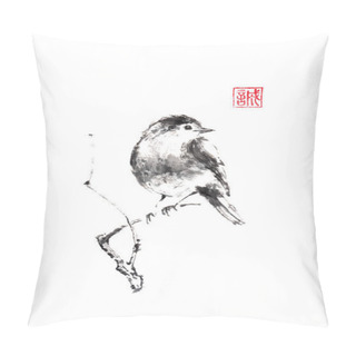 Personality  Little Bird Sitting On A Branch Of A Tree Japanese Style Original Sumi-e Ink Painting. Pillow Covers