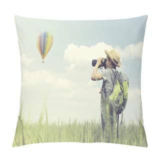 Personality  Child Looks Curious With His Binoculars A Hot Air Balloon Flying In The Sky Pillow Covers