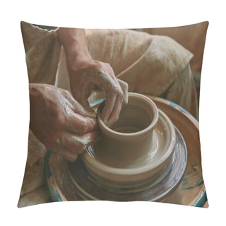 Personality  Partial View Of Male Craftsman Working On Potters Wheel At Pottery Studio Pillow Covers