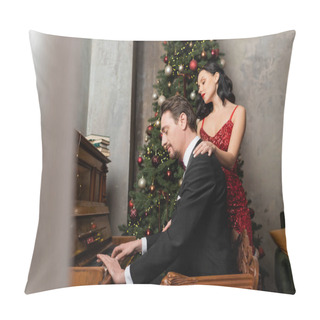 Personality  Rich Couple, Brunette Woman In Red Dress Standing Near Husband Playing On Piano, Merry Christmas Pillow Covers
