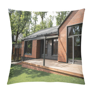 Personality  Real Estate Market, Contemporary Cottage, Brick Walls, Large Windows, Green Lawn Pillow Covers