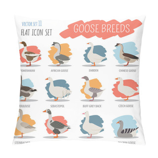 Personality  Poultry Farming. Goose Breeds Icon Set. Flat Design Pillow Covers