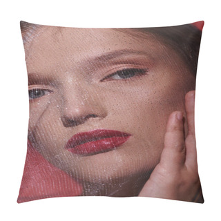 Personality  A Young Woman Exudes Classic Beauty With Red Lipstick And A Veil Covering Her Face As She Poses In A Studio. Pillow Covers