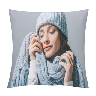 Personality  Tender Girl Posing With Closed Eyes In Blue Knitted Hat And Scarf, Isolated On Grey Pillow Covers