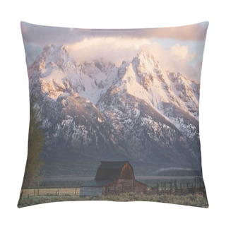 Personality  A Small Hut With The Snowy Peaks Of The Grand Tetons Mountains In The Background During The Daytime Pillow Covers
