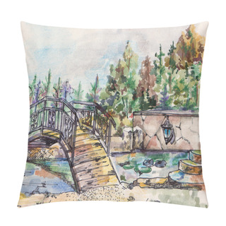Personality  Watercolor Landscape With Bridge Over The River Pillow Covers