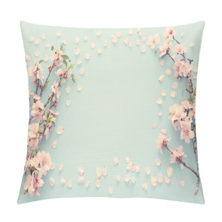 Personality  Photo Of Spring White Cherry Blossom Tree On Pastel Blue Wooden Background. View From Above, Flat Lay Pillow Covers
