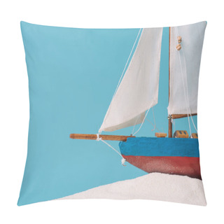 Personality  Close Up View Of Decorative Ship In White Sand Isolated On Blue Pillow Covers