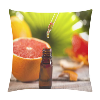 Personality  Grapefruit Essential Oil On Green Leaves Background Pillow Covers