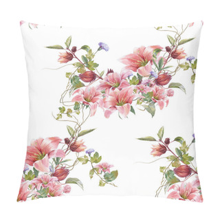 Personality  Watercolor Painting Of Leaf And Flowers, Seamless Pattern On White Background Pillow Covers