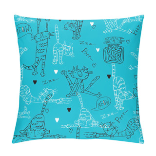 Personality  Seamless Pattern With Fun Doodle Cats. On A Turquoise Background. Vector. Pillow Covers