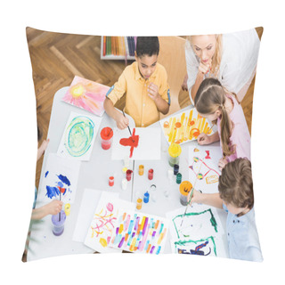 Personality  Overhead View Of Woman Looking At Multicultural Kids Painting On Papers  Pillow Covers