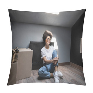 Personality  Cheerful African American Woman In Eyeglasses Sitting Near Carton Boxes On Attic In New House Pillow Covers