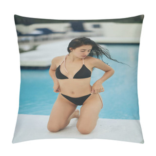 Personality  Sun-kissed Woman In Black Bikini, Sexy Model With Wet Hair Sitting While Posing Next To Swimming Pool In Luxury Resort, Miami, Florida, USA, Blurred Background, Stunning Figure   Pillow Covers