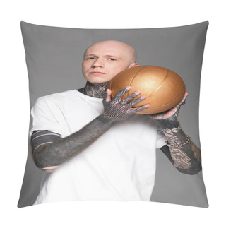 Personality  Bald Tattooed Man In White T-shirt Holding Golden Basketball Ball And Looking At Camera Isolated On Grey Pillow Covers
