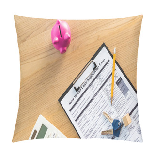 Personality  Top View Of Clipboard With New House Loan Application Form Lettering On Document Near Keys, Pencil ,pink Piggy Bank And Calculator  Pillow Covers