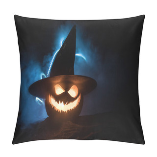 Personality  Halloween Pumpkin Smile And Scary Eyes For Party Night. Close Up View Of Scary Halloween Pumpkin With Eyes Glowing Inside At Black Background. Pillow Covers