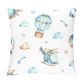 Personality  Helicopter, Airship, Balloons, Clouds On White Background. Watercolor Seamless Boho Pattern For Boys Pillow Covers