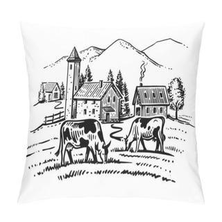 Personality  Cows Chewing Grass On Background Of Farm Pillow Covers