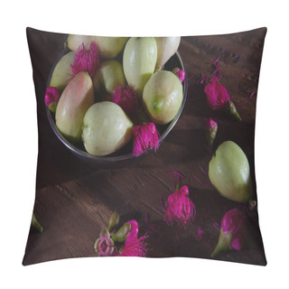 Personality  Beautiful Pink Malay Apple Flowers And Malay Apples On Wooden Table, Fruits Photography, Beautiful Still Life Photography Top View, Light And Shade Photography, Syzygium Malaccense Pillow Covers