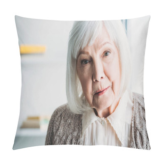 Personality  Portrait Of Grey Hair Lady In Knitted Jacket Looking At Camera At Home Pillow Covers