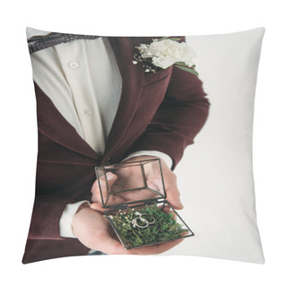 Personality  Partial View Of Groom In Suit With Buttonhole And Wedding Rings In Box In Hands Pillow Covers