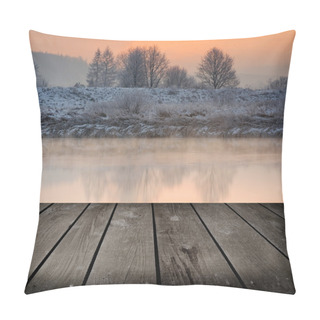 Personality  Winter Sunrise Over The River And Empty Wooden Deck Table. Pillow Covers