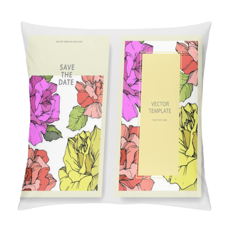 Personality  Vector. Coral, yellow and purple rose flowers on cards. Wedding cards with floral decorative borders. Thank you, rsvp, invitation elegant cards illustration graphic set. Engraved ink art. pillow covers