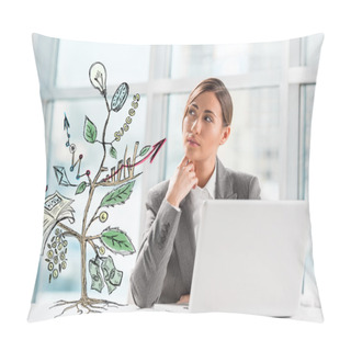 Personality  Concept Of Growing Company With Sketch Of A Plant With Business Symbols And Businesswoman Working On Laptop Pillow Covers